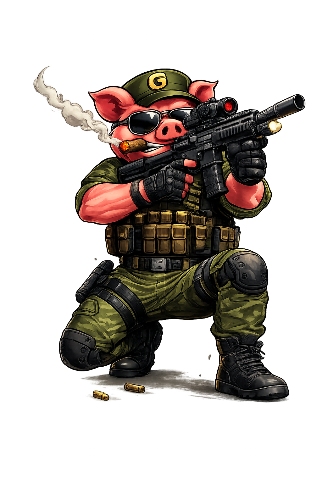 General GunoPig in kneeling tactical position with suppressed rifle and cigar smoke
